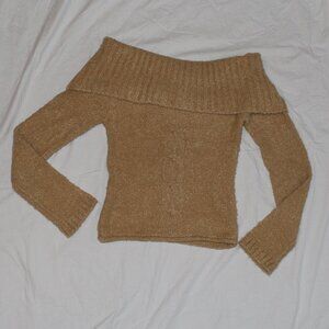 Derek Heart Off the Shoulder/Cowl Neck Camel Colored Cable Knit Crop Sweater
